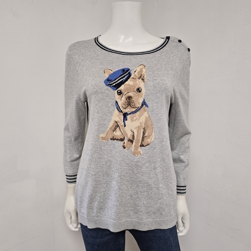 Talbots Frenchie French Bulldog Sailor Sweater Top Gray Size M Preppy Novelty